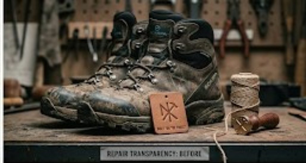 Worn hiking boots tagged on the workshop bench, awaiting assessment