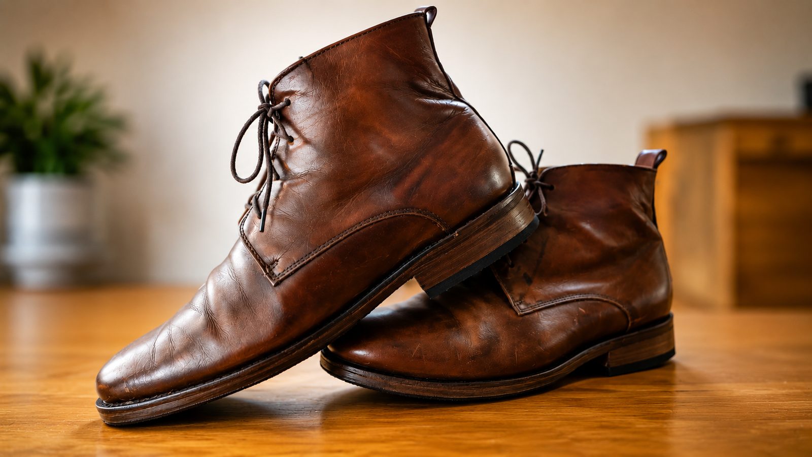 A pair of restored brown leather boots with rebuilt welted soles
