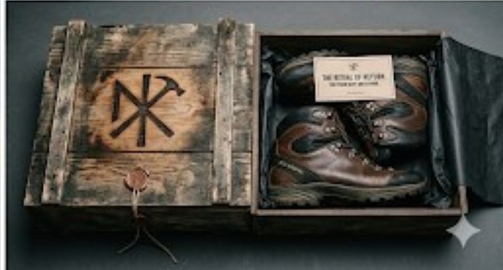 Finished boots packed into a branded timber crate for return